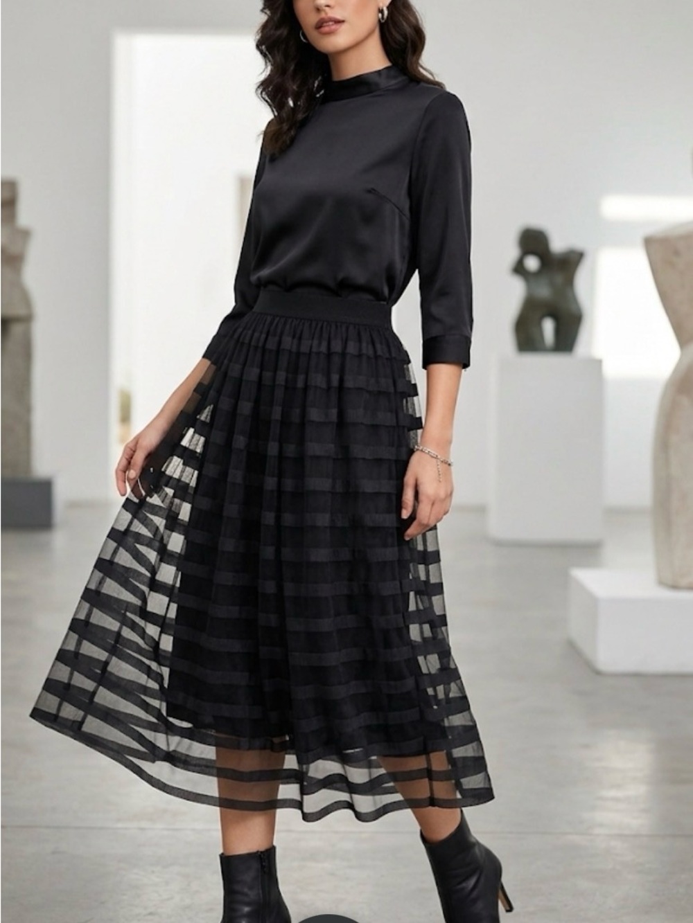 Metrowear Refined Black Tiered Midi Skirt with Sheer Stripes size M